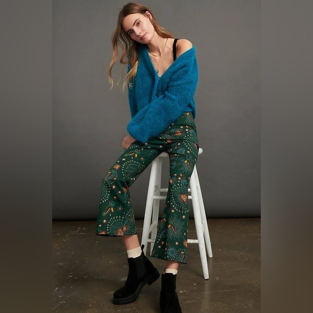 Anthropologie x Farm Rio Fernanda Flared Green Tropical Toucan Pant Size Small